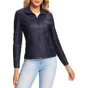 Women Faux Leather Jacket Soft Snap Button Down Shirt Shacket with Pocket